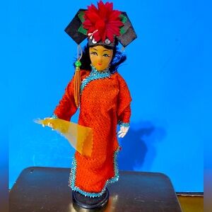 ASIAN ORIENTAL DOLL VINTAGE PAINTED FACE, ORANGE DRESS, YELLOW SCARF 9.5”